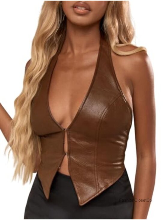 Tops - PU Leather Halter Tank Top Backless Asymmetrical Crop Party Festival